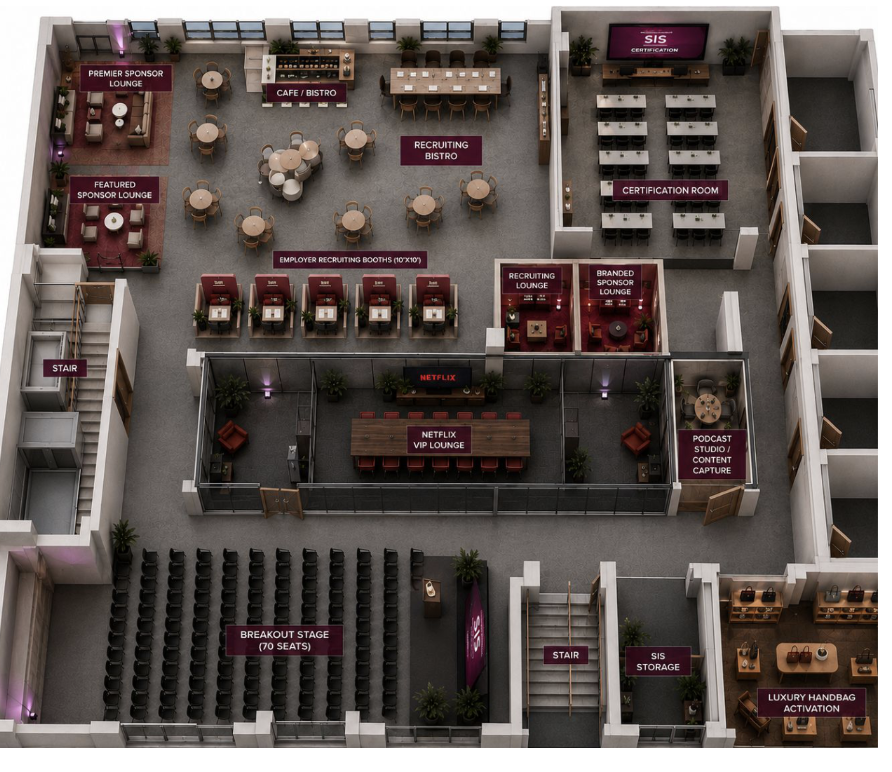 SIS Summit 2026 second-floor experience with Netflix lounge, second stage, Anima Iris activation, shopping pop-up and content studio