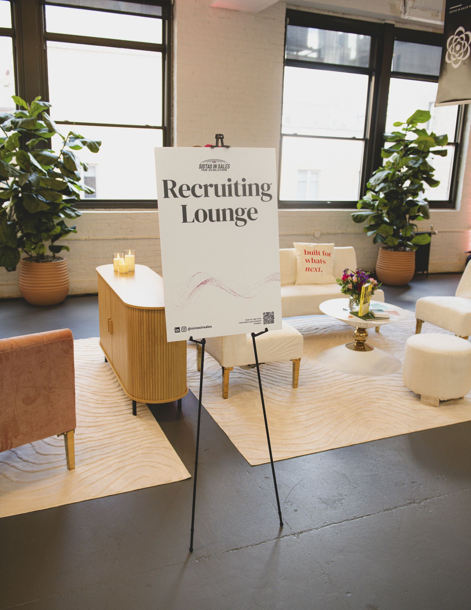Recruiting Lounge sign and lounge seating
