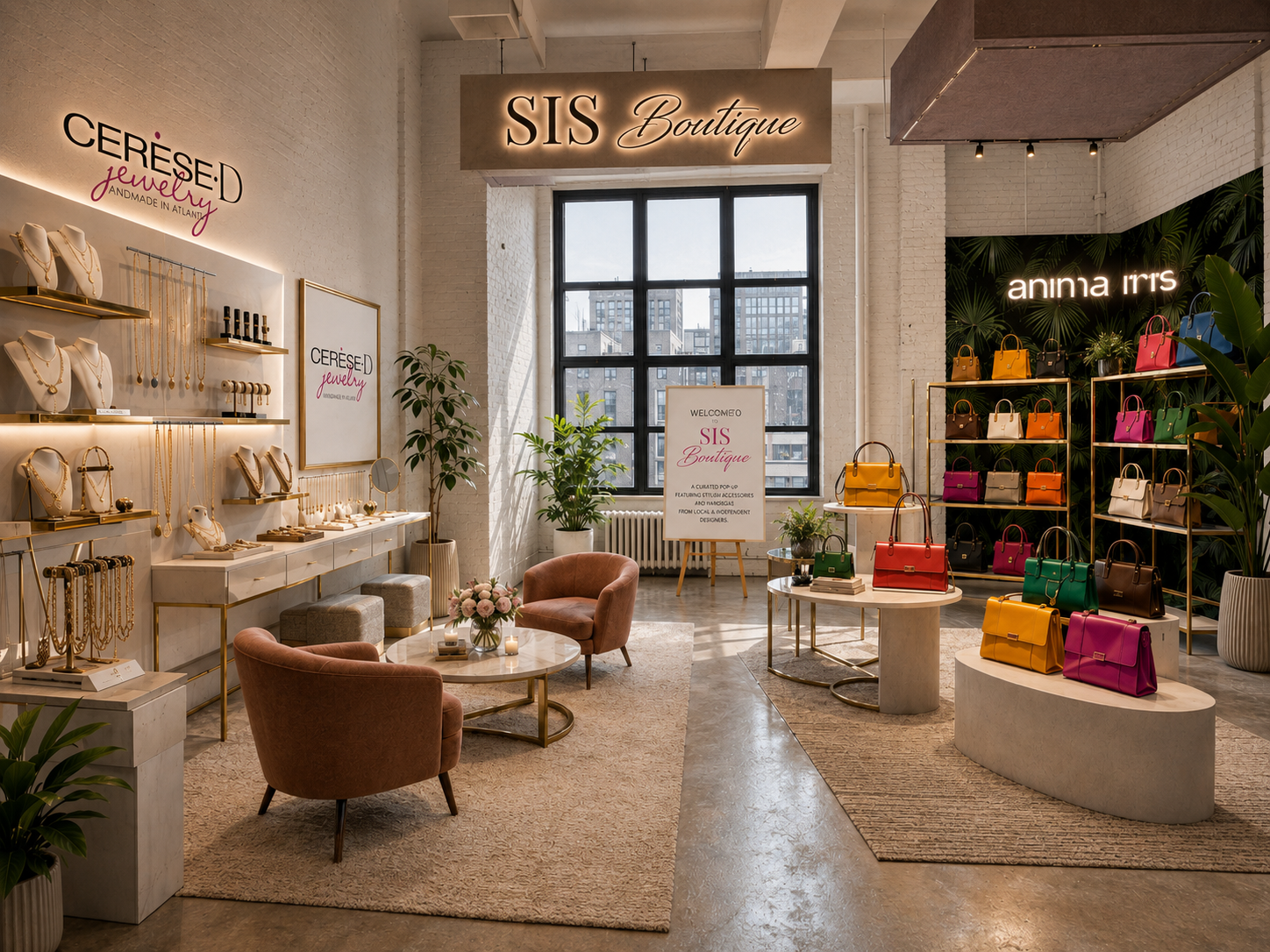 The SIS Boutique pop-up featuring Cerese D jewelry and Anima Iris handbags